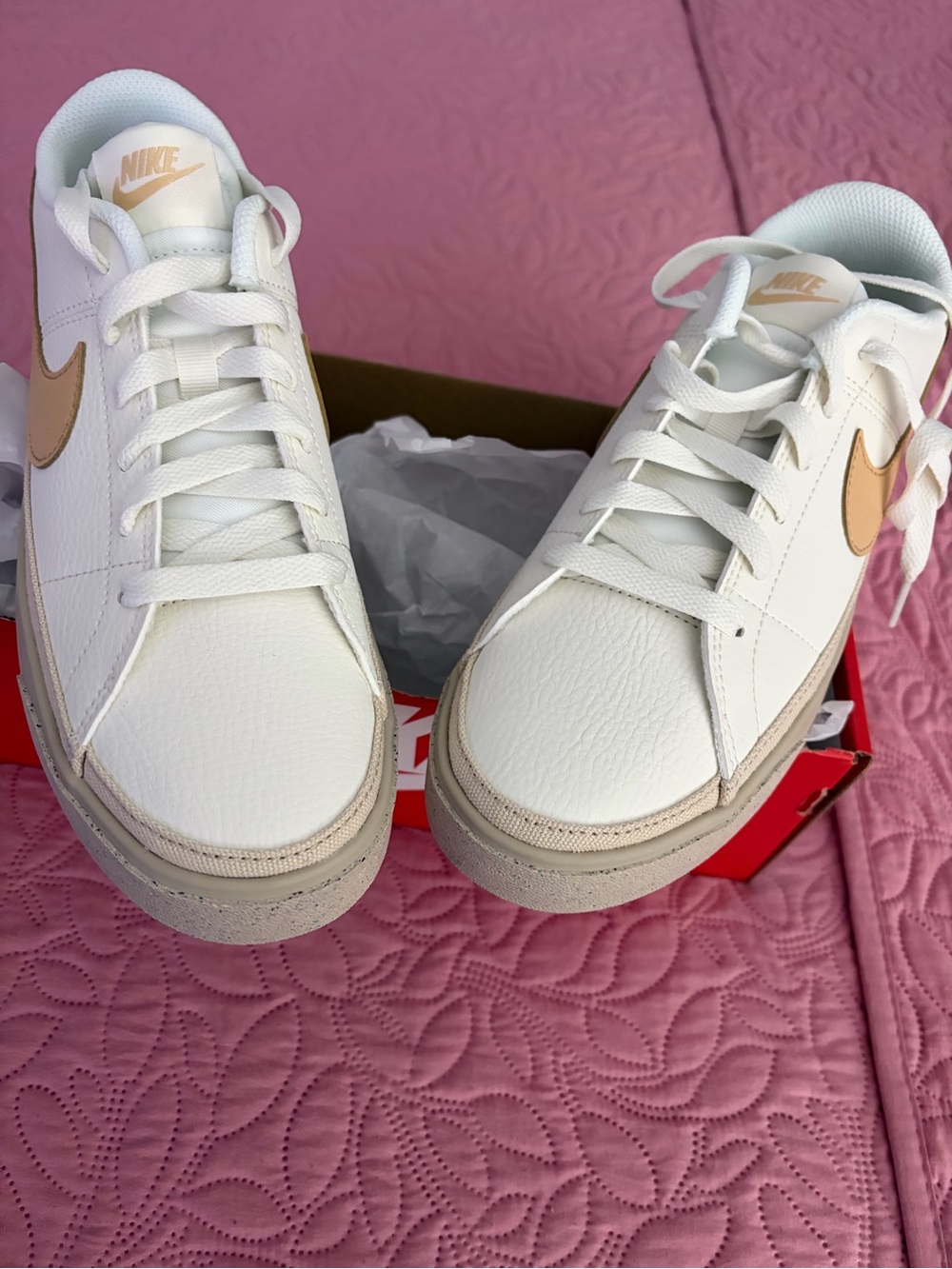 Nike Women's White Leather Sneakers with Tan Swoosh